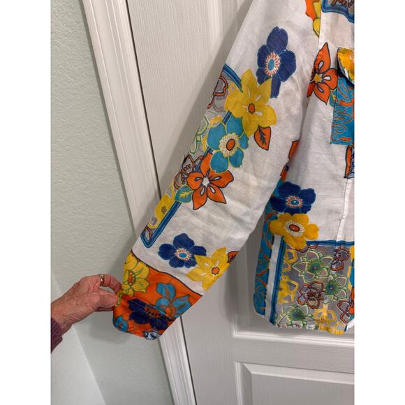 Multiples Patchwork Floral Button Front Top Medium Sheer Panels Roll Tab Sleeve - Picture 4 of 11